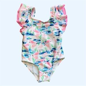 Floatimini Flamingo Print One Piece Swimsuit with Pink Ruffles Toddler Girls 3T
